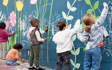Kids painting a community mural